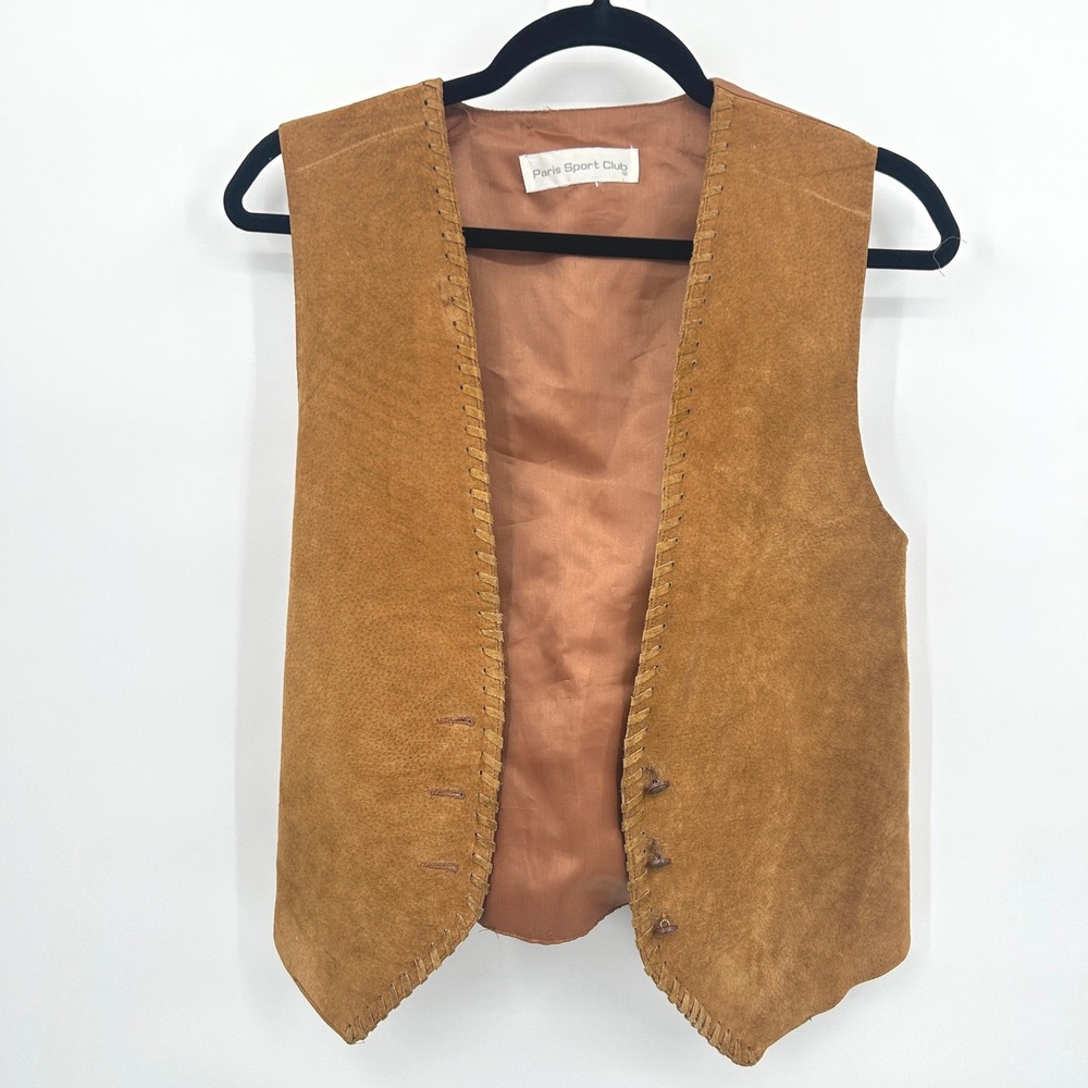 Western‎ Suede Leather Vest S M Whipstitch One Size Brown Boho Cowboy Hippie 70s